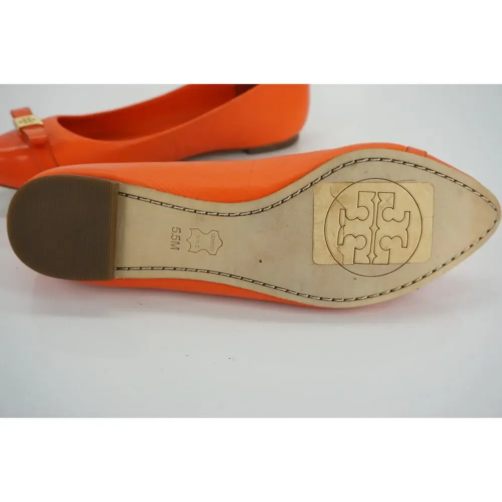Tory Burch Hugo Pointy Toe Ballet Flats SZ 5.5 New Tiger Lily Leather Gold Logo
